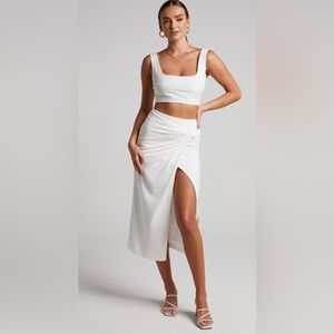 Showpo GIBSON TWO PIECE SET - CROP TOP AND KNOT FRONT MIDI SKIRT IN WHITE - NWT